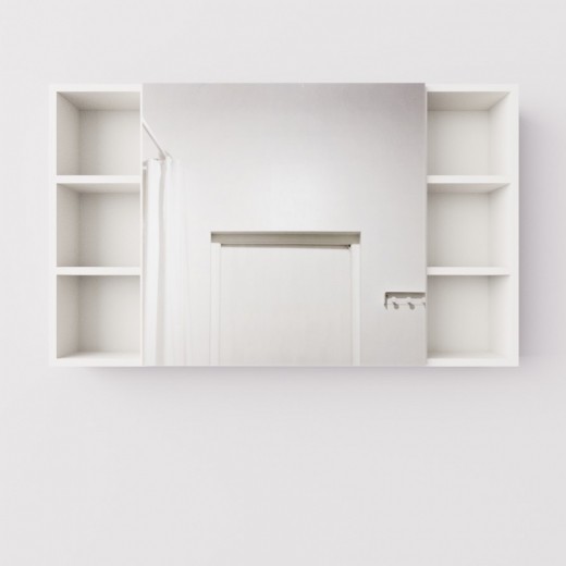 Навесной широкий шкаф с зеркалом и открытыми полками для ванной комнаты, ДСП