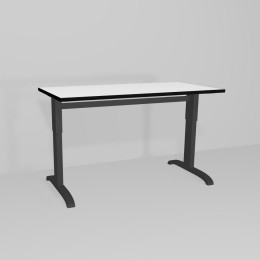 Регулируемый по высоте рабочий стол на чёрном основании и чёрно-белой столешницей 